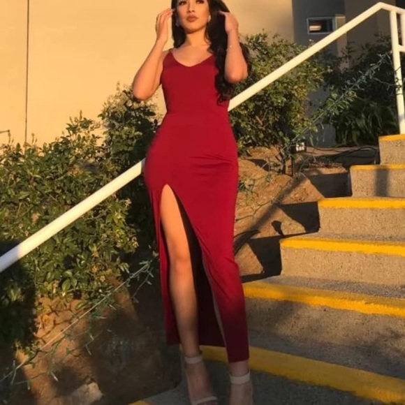 NWT Sexy Bodycon Split Spaghetti Strap V-neck Evening Party Long Dress Wine Red - Picture 3 of 3